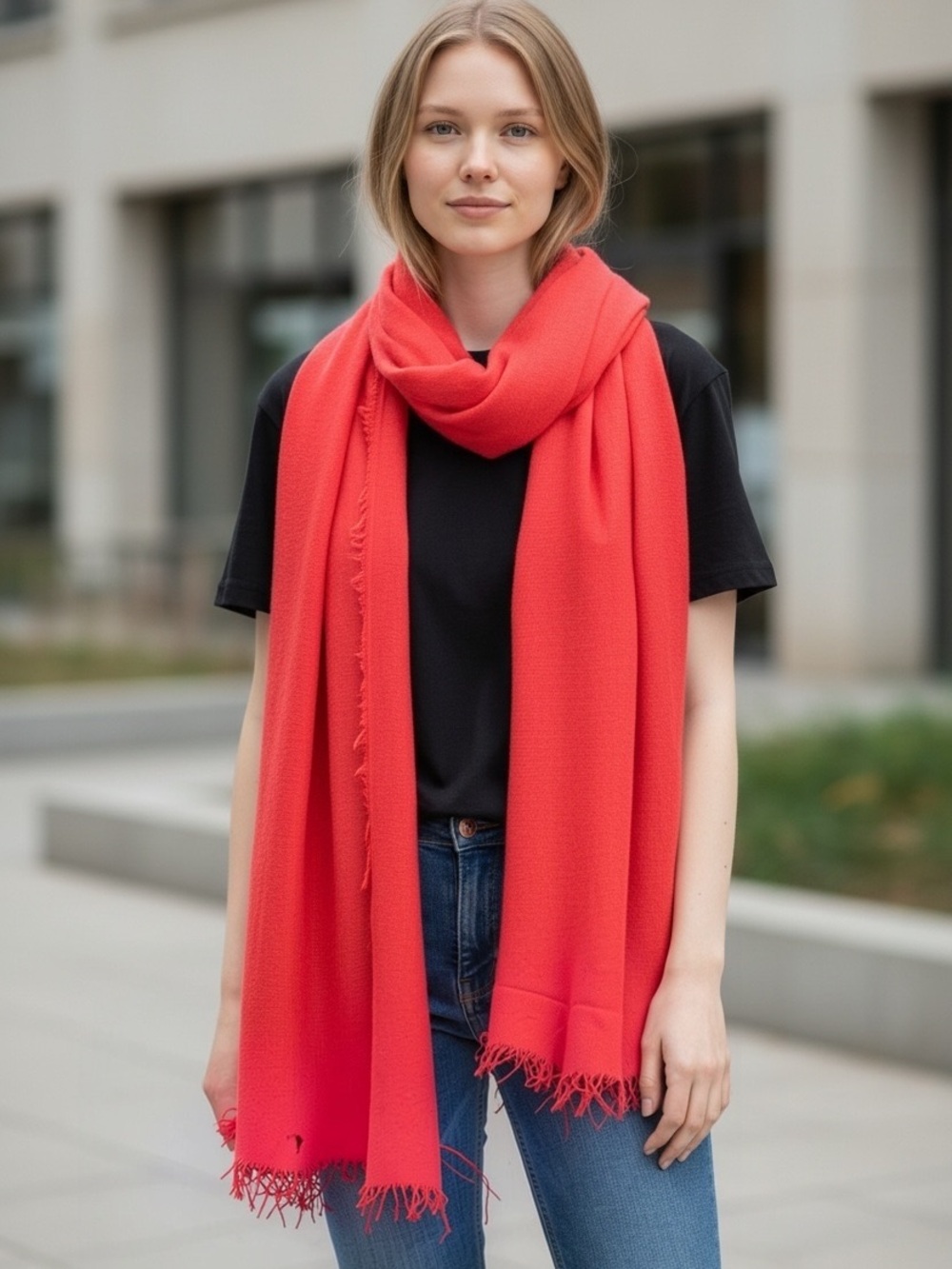 Donna Karan New York Black Lebel Signature Red Lightweight Wrap w/ ravaged edge